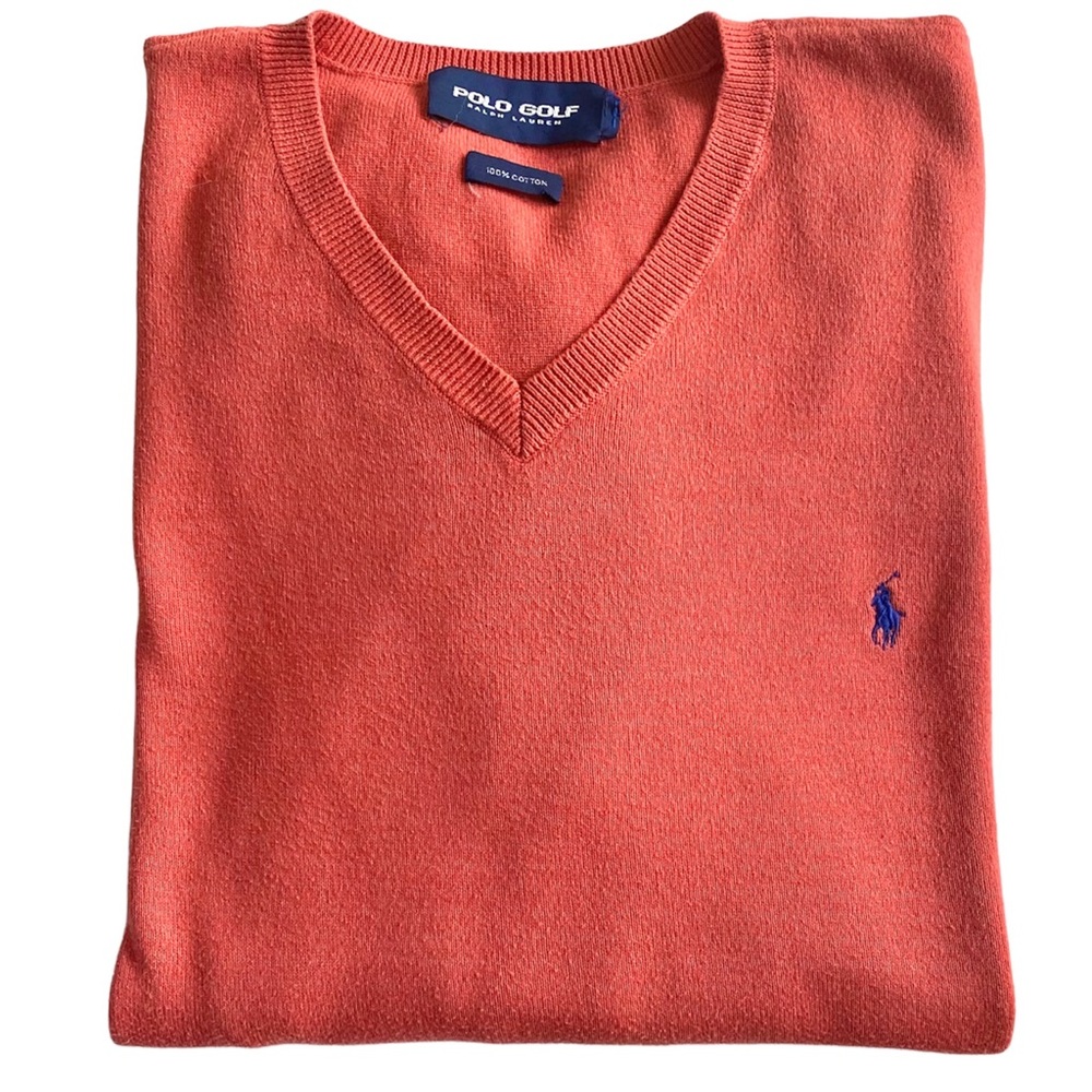 POLO GOLF RALPH LAUREN 100% COTTON V-NECK ORANGE SWEATER